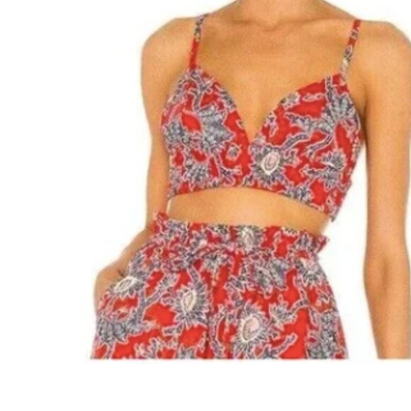 A.L.C. Style Lana Apple Red Batik-Floral  Printed V Neck Crop Top Size 0 - Picture 1 of 7